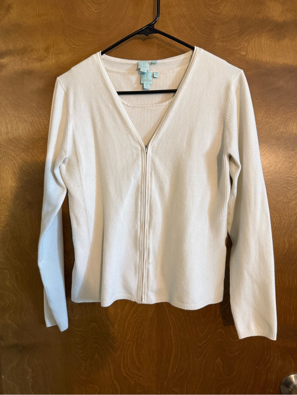 Light Cream Zip-Front Long Sleeve Cardigan